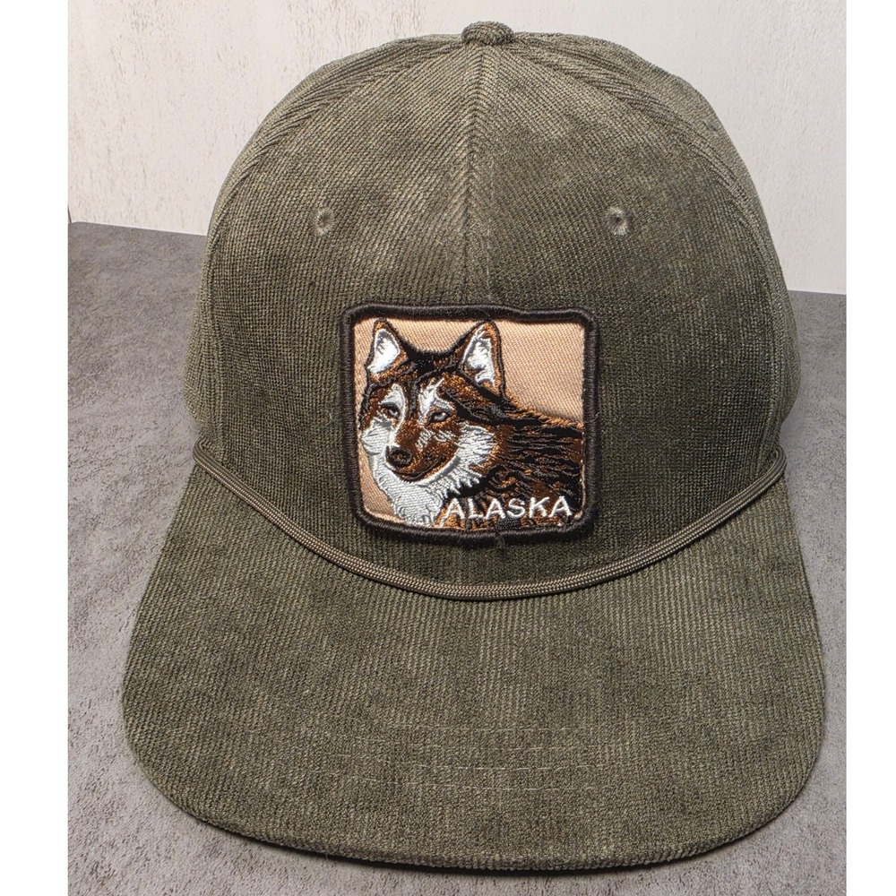 Ace USA Alaska Wolf Patch Corduroy Rope‎ Hat Olive Green Snapback OSFM
